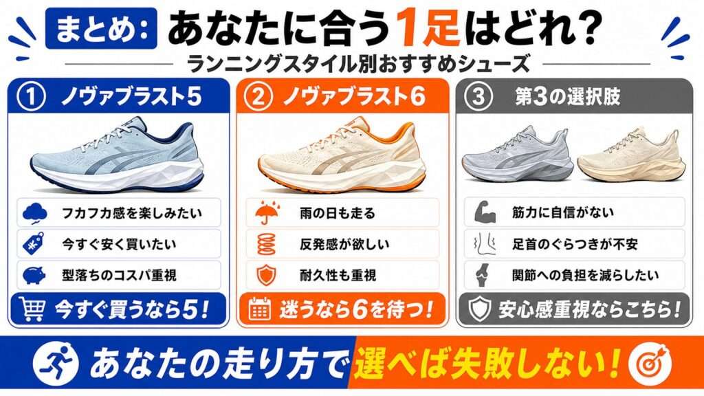 まとめ：あなたのランニングスタイルに合わせてノヴァブラスト5か6を選択しよう