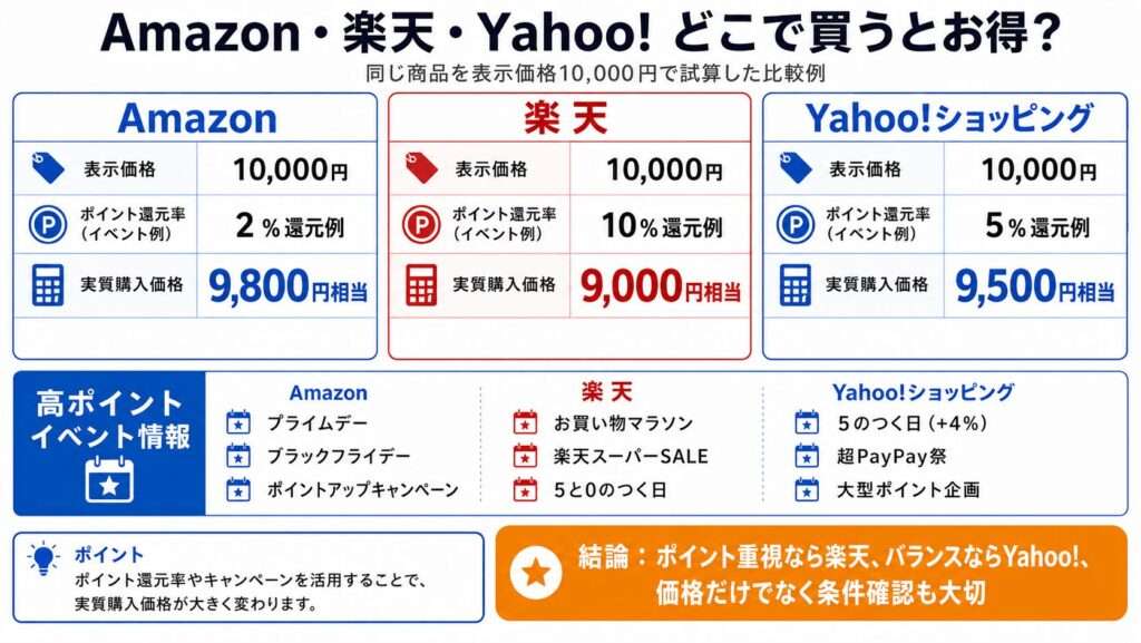 Amazon・楽天・Yahoo!ショッピングはポイント込みで比較する