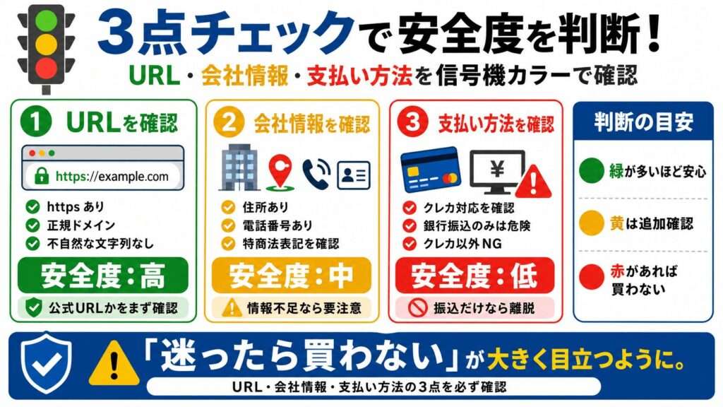 URL・会社情報・支払い方法の3つを確認する