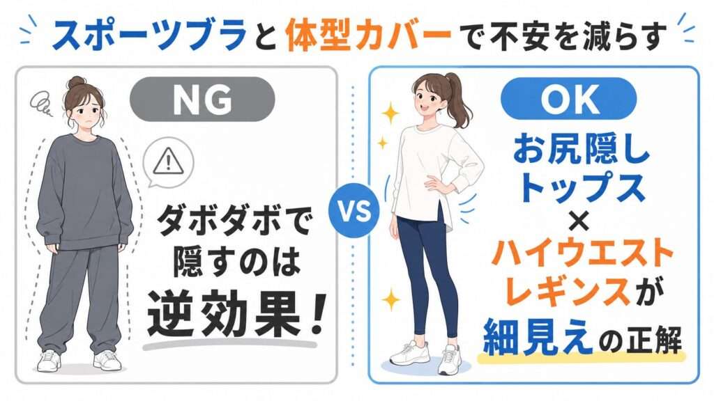 スポーツブラと体型カバーで不安を減らす