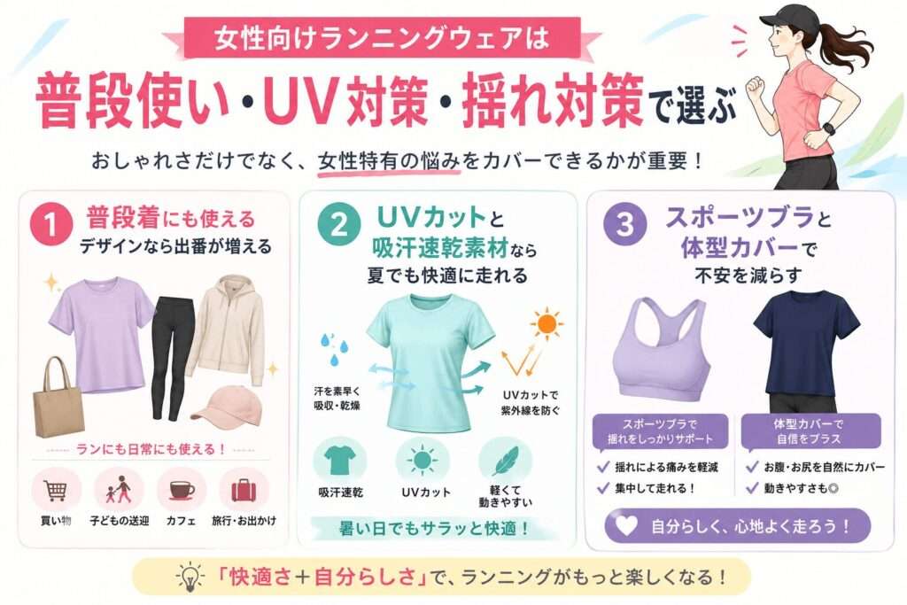女性向けランニングウェアは「普段使い・UV対策・揺れ対策」で選ぶ
