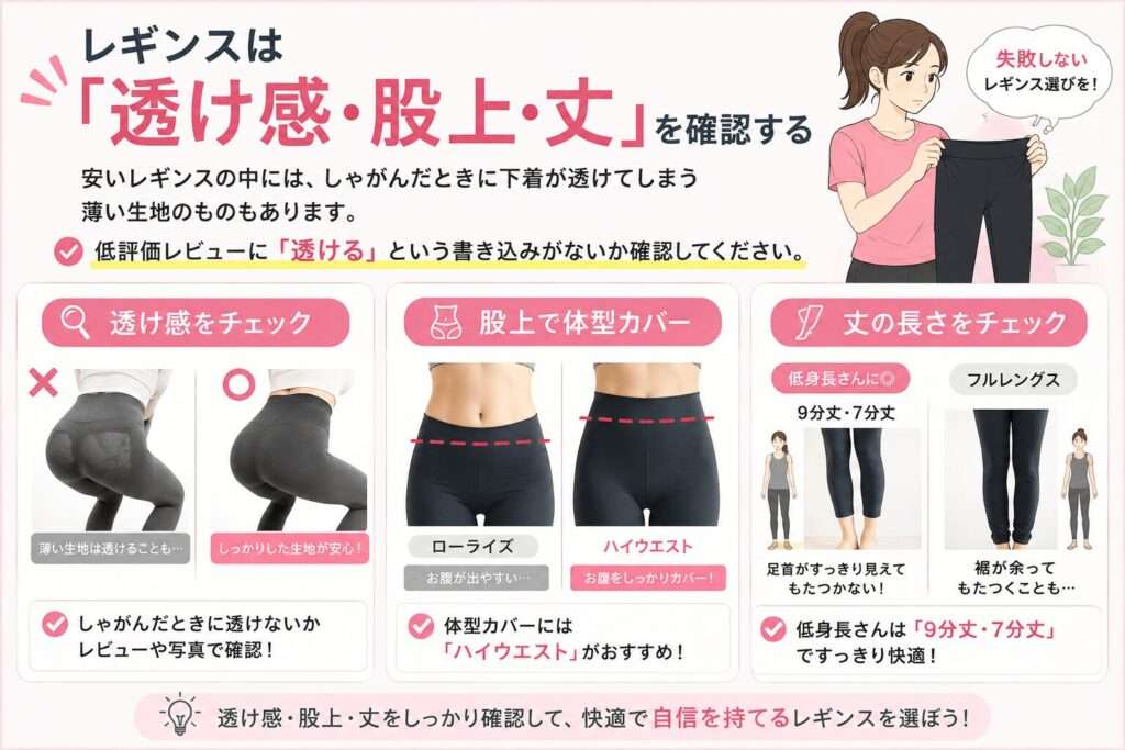 レギンスは「透け感・股上・丈」を確認する
