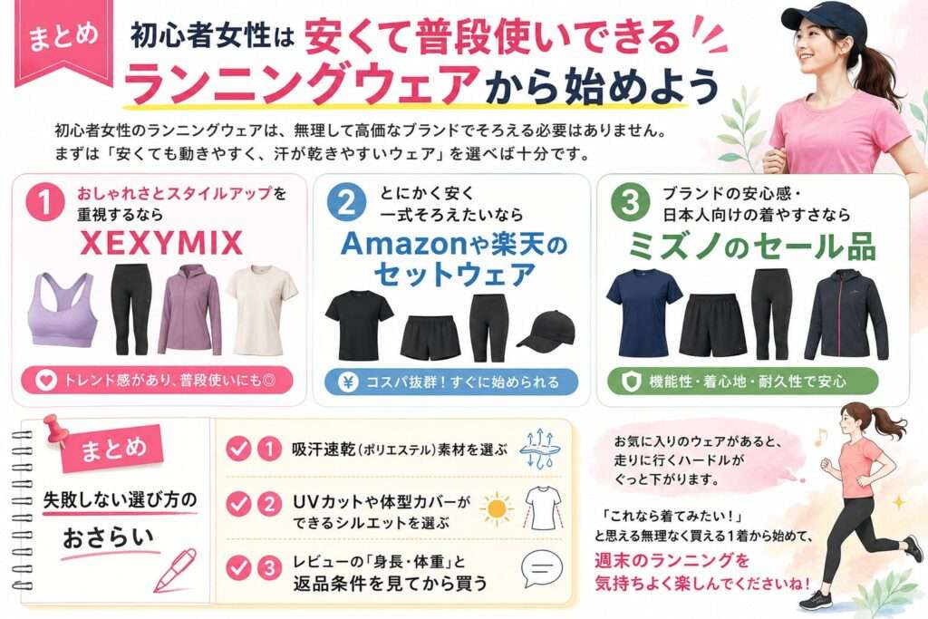 まとめ:初心者女性は安くて普段使いできるランニングウェアから始めよう