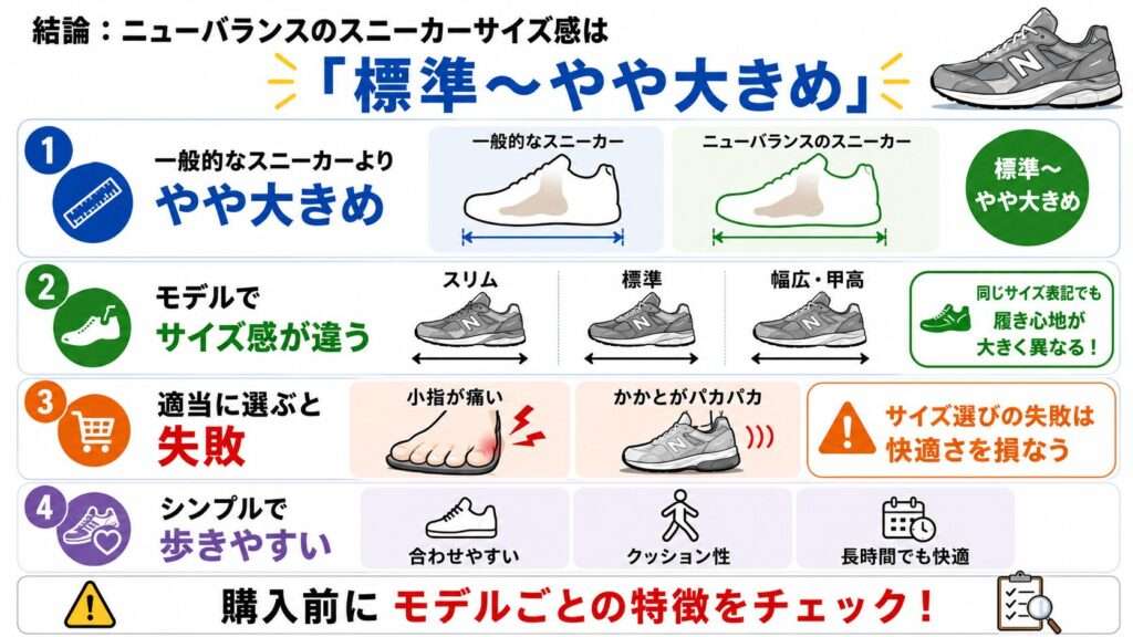 結論:ニューバランスのスニーカーサイズ感は「標準〜やや大きめ」