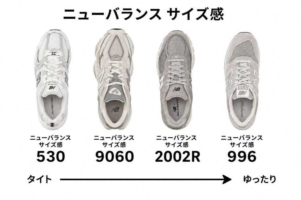 【モデル別】530・9060・2002R・996のサイズ感比較表
