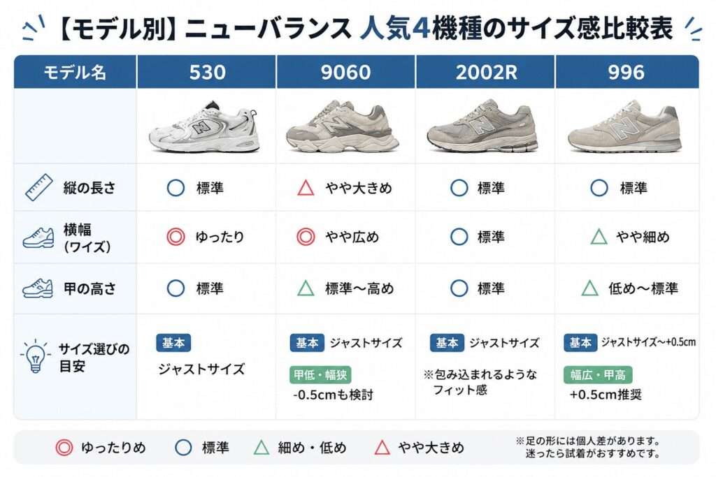 ニューバランススニーカーモデル別サイズ比較