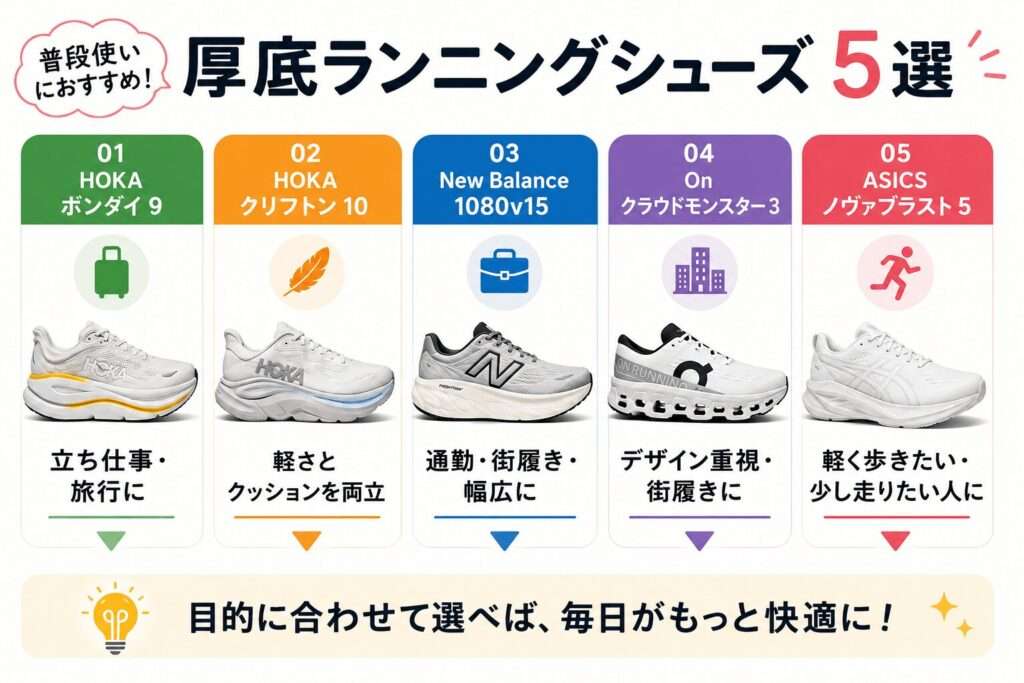 普段使いにおすすめの厚底ランニングシューズ5選