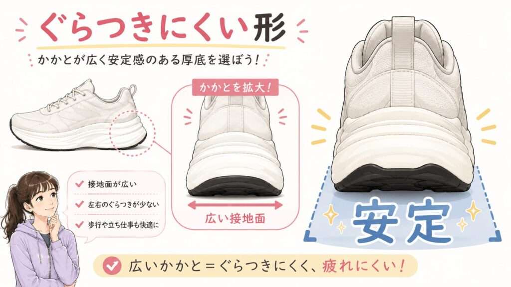 かかとが広く安定感のある厚底を選ぶ