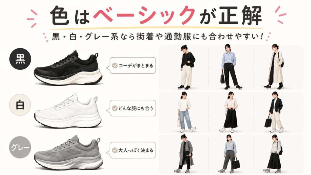 黒・白・グレー系なら街着や通勤服にも合わせやすい