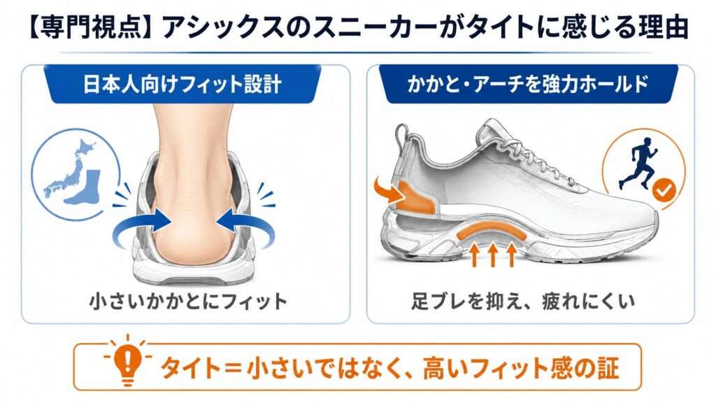 アシックスのスニーカーがタイトに感じやすい理由