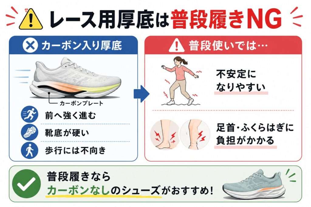 カーボン入りのレース用厚底は普段履きには向きにくい