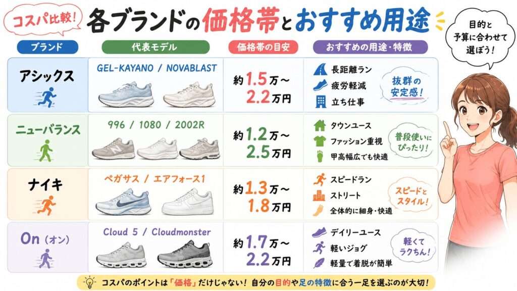 アシックス・ニューバランス・ナイキ・Onの価格帯と用途を比較
