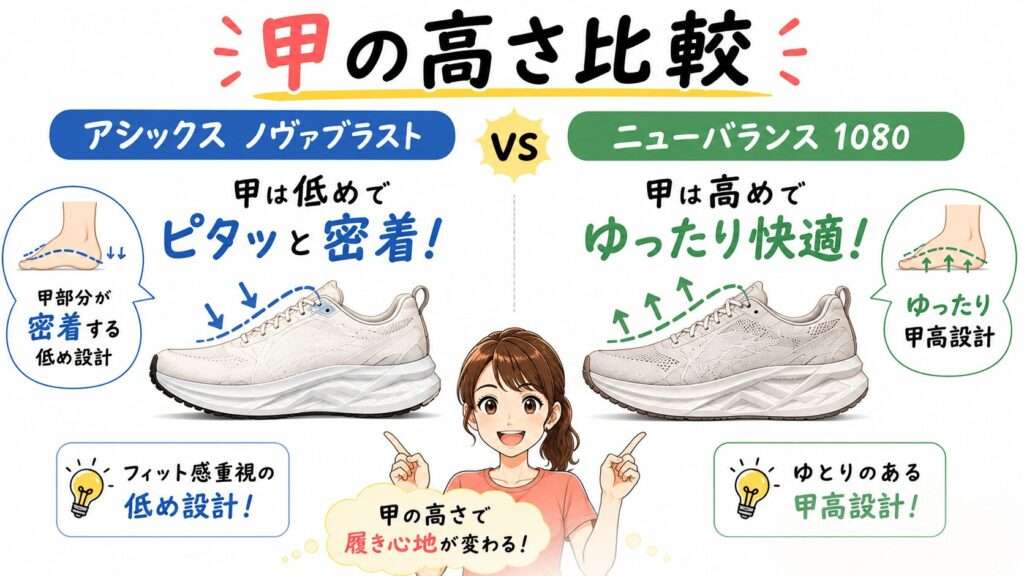 アシックスNOVABLASTとニューバランス1080の甲の高さを比較