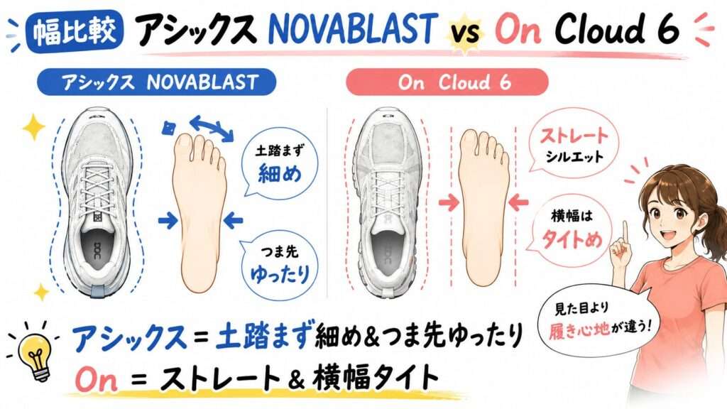 On Cloud 6の横幅とアシックスNOVABLASTの足幅を比較