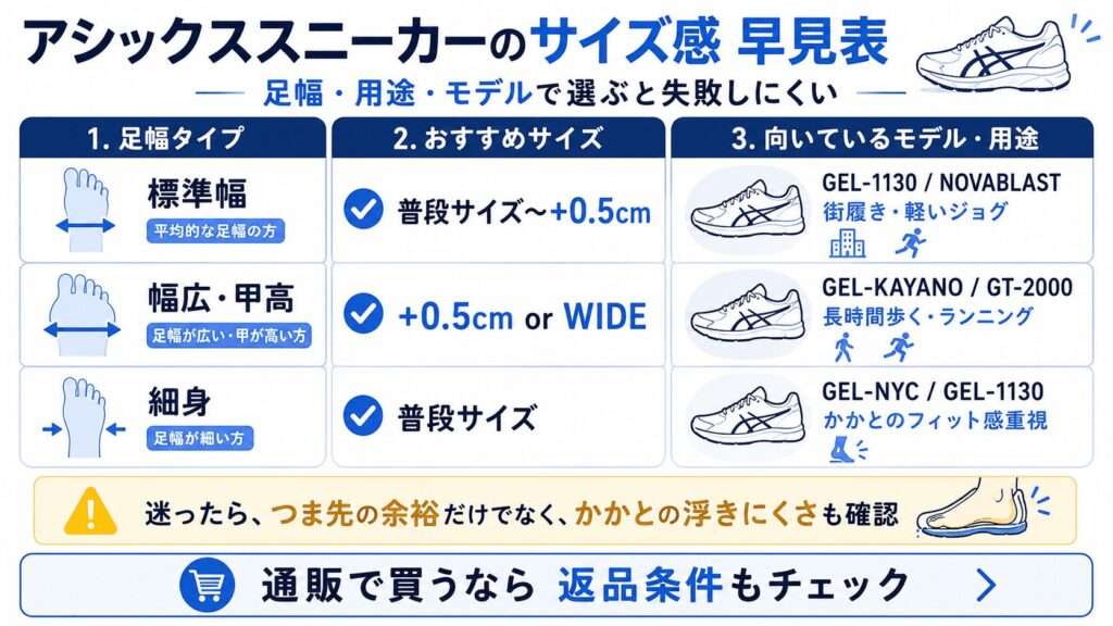 アシックススニーカーのサイズ感を知りたい。