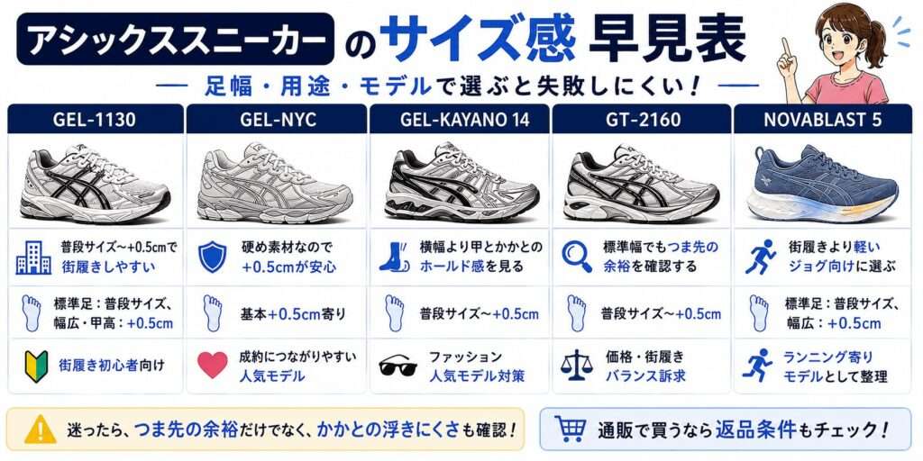 人気モデル別アシックススニーカーのサイズ感とリアルな履き心地
