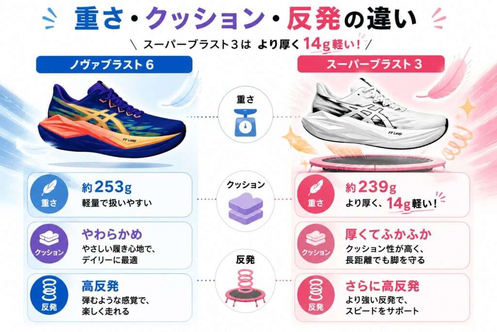 重さ:スーパーブラスト3はより厚く14g軽い