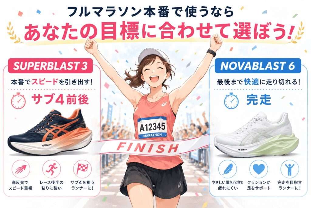 フルマラソン本番で使うならスーパーブラスト3はサブ4前後・ノヴァブラスト6は完走