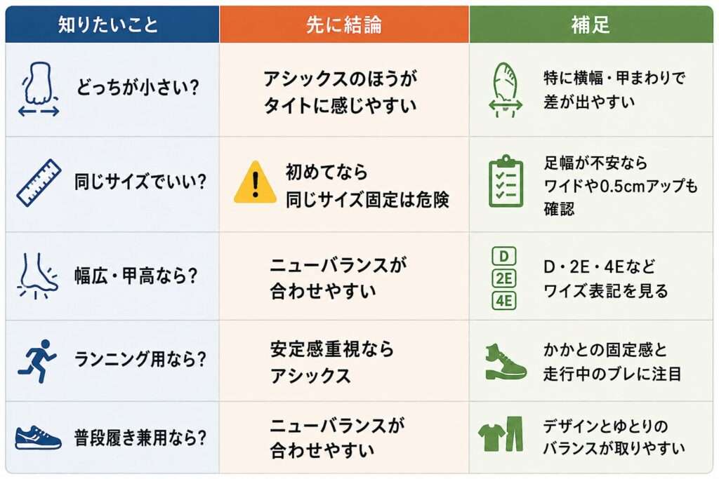アシックスとニューバランスのサイズ感比較!どっちがいいの結論