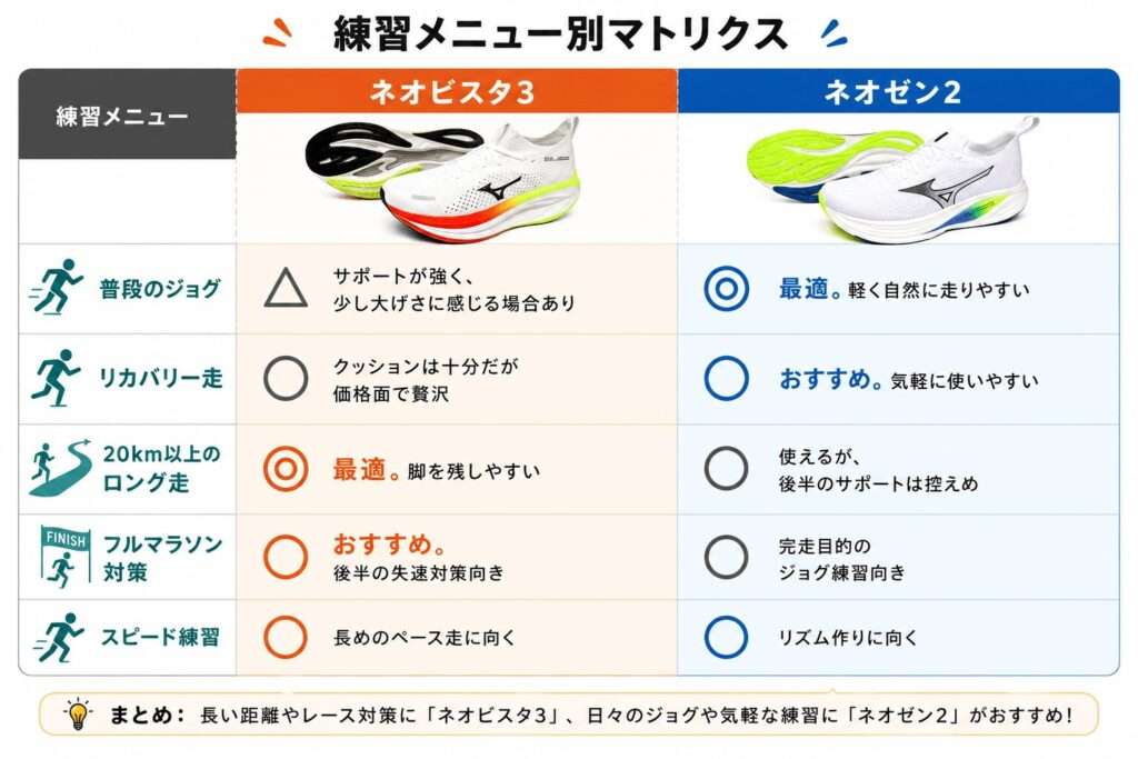 【練習メニュー別】ジョグ・ロング走・スピードのネオビスタ3とネオゼン2の選び方