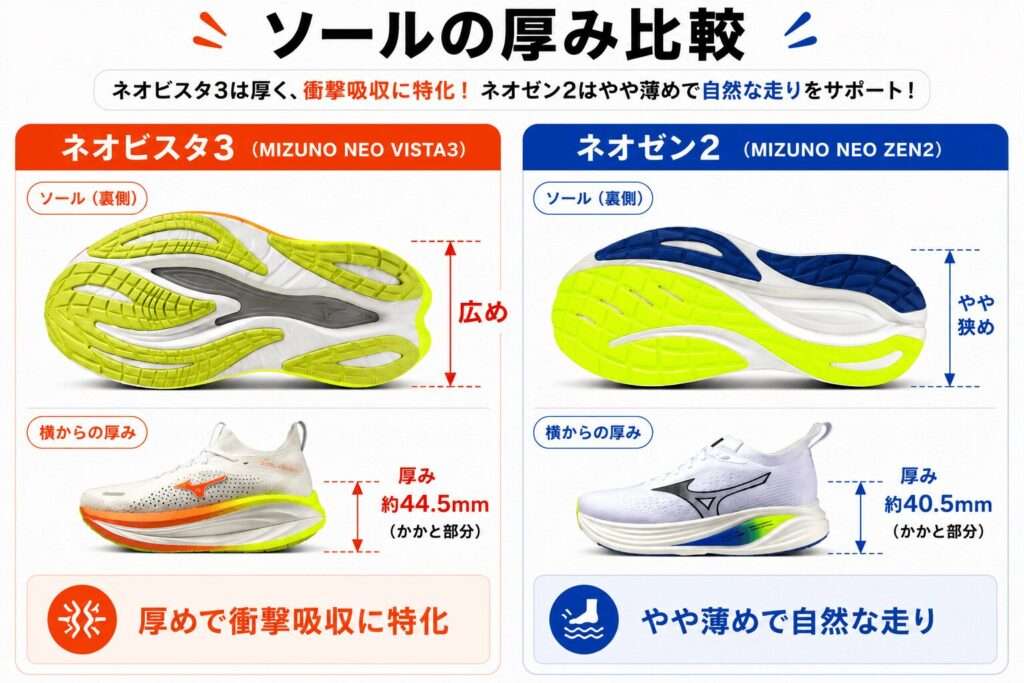 ソールの厚み比較:ネオビスタ3は厚くて衝撃吸収に特化